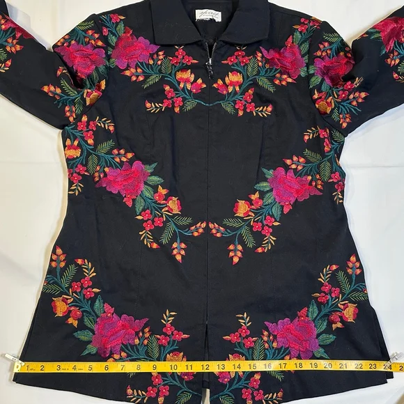 Spirit Embroidered Floral Jacket | Black Cotton Zip Folk Art Coat - M - Picture 5 of 9